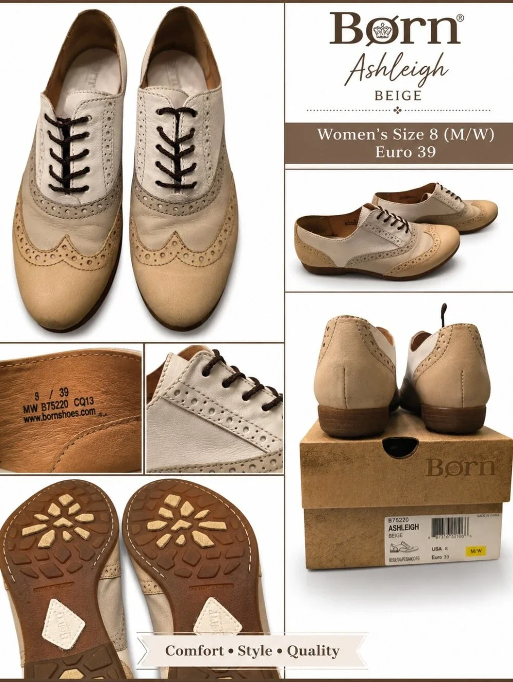 Born Ashleigh Beige Leather Wingtip Oxford Shoes Women’s 8
